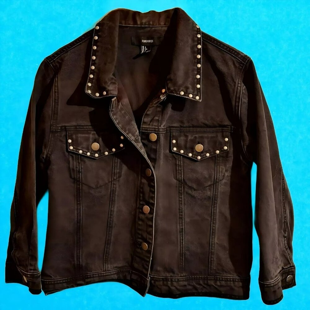 Forever 21 Black Denim Studded Jean Jacket Women Size Large Button Up Pockets